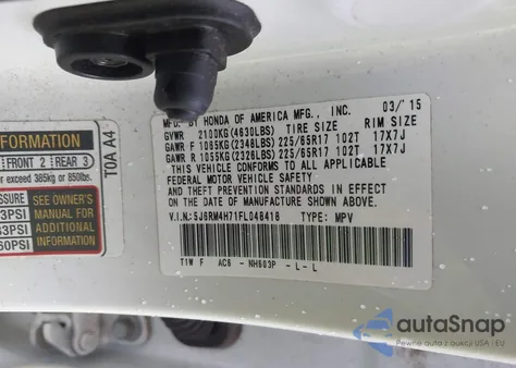 2015 Honda Cr-V Ex-L z USA, uszkodzony, nr VIN 5J6RM4H71FL048418